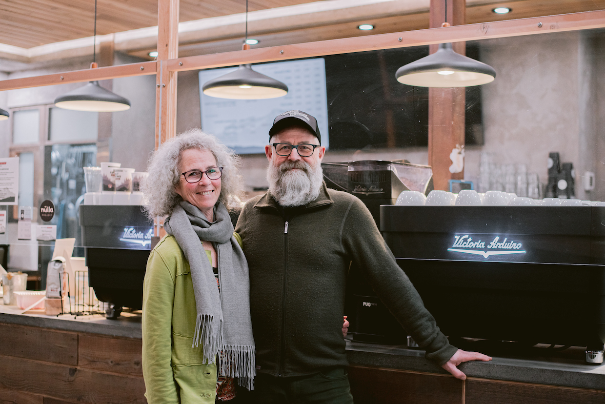 Mickey McLeod (right) and Robbyn Scott (left) in their Salt Spring Coffee Café & Kitchen in Ganges, BC